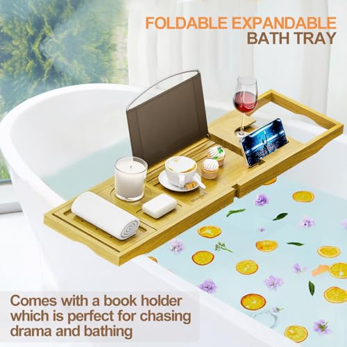 Bath Accessories - Cup Holders - Bathtub Tray Caddy - Bath Tray Expandable - Bath Tub Table Tray Caddy - Bamboo Bath Tray for Tub