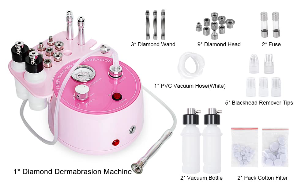 3 in 1 Pink Diamond Dermabrasion Machine Professional Pore Vacuum for Skin Toning Black Head Removal Cleaner with 0-70 cmHg Suction Power Facial Treatment Machine for Home Use