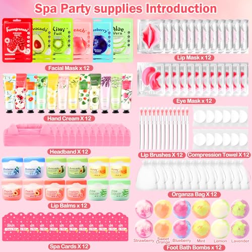 132 PCS Spa Party Supplies, Spa Party Favors Include Face Masks Skincare, Hand Cream, Lip Balm, Under Eye Patches, Lip Mask and Foot Bath Bombs, Spa Birthday Sleepover Party Supplies