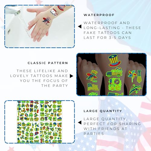 105PCS Glow in Dark Patriotic Temporary Tattoos - 4th of July