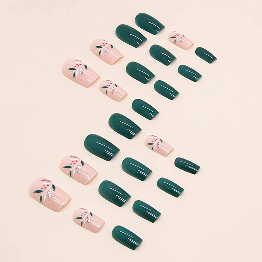 RikView Medium Length Press on Nails Square Fake Nails Green Nails Glossy Full Cover Nails 24 PCS