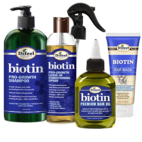 Difeel Biotin 4-PC Hair Growth Shampoo & Hair Care Collection - Includes 33.8oz Shampoo, 6oz Leave in Conditioner, 8oz Hair Mask and 2.5oz Hair Oil