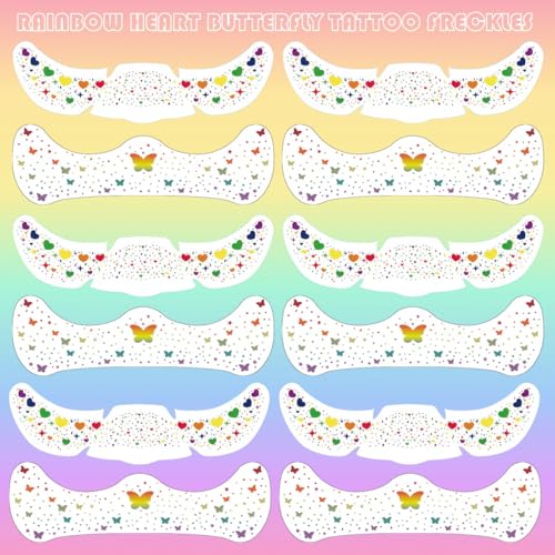 12-Sheet Pride Freckles Face Tattoos - Rainbow Heart & Butterfly