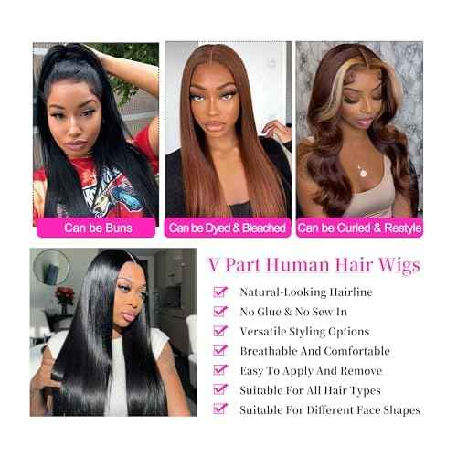 V Part Wigs Human Hair Straight Minimal/No Leave Out Upgrade U Part Wig for Black Women Clip in Half Wig 200% Density No Lace No Glue No Sew Natural Black 18 Inch