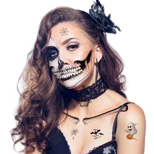 VERKSTAD Halloween 6 Sheets Skull Face Tattoo, Scary Mouth Tattoo Stickers, Horror Skeleton Vampire Death Demon Zombie Temporary Tattoos, 8 Small Pumpkin Tattoo Costume Makeup Cosplay Accessories