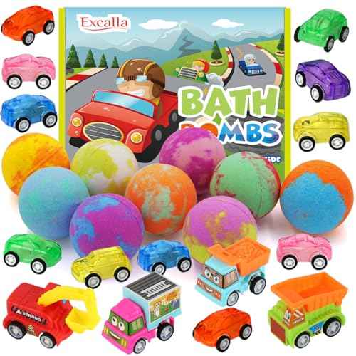 Bath Bombs for Kids with Toys Inside, 9 Pack Handmde Bath Bombs Set with Pull-Back Cars Inside, Rich Foam Color Bubble Set Boys Girls for Skin Moisturizing