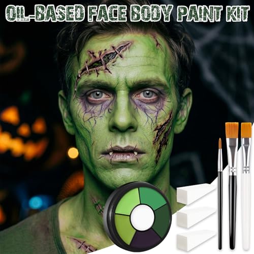 Green Cream Face & Body Paint Kit with Brushes & Sponges