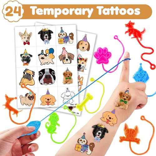 48PCS Dog Party Favors - 24PCS Dog Temporary Tattoos & 24PCS Dog Stick Hands - Perfect Birthday Favors, Goodie Bag Stuffers, Treasure Box Toys, Classroom Prizes, and Student Gifts