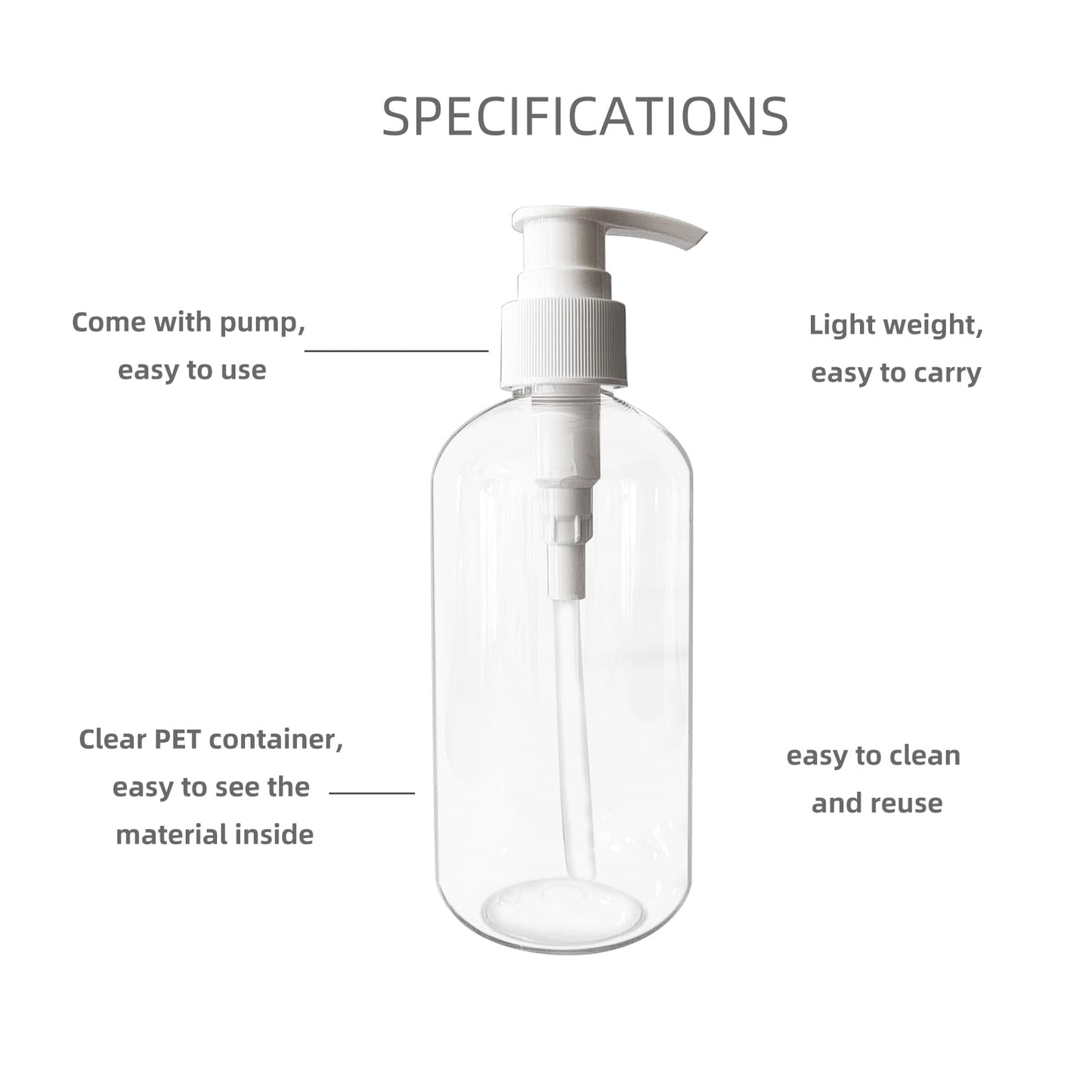 Empty Plastic Bottles with Pump Dispenser, 8 oz, Clear/White, 2 Pack, Refillable Containers for Body Wash, Moisturizer, Face Cream, Liquid Soap