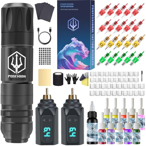 Poseidon Wireless Tattoo Gun Kit with 2 Batteries & 20 Needles