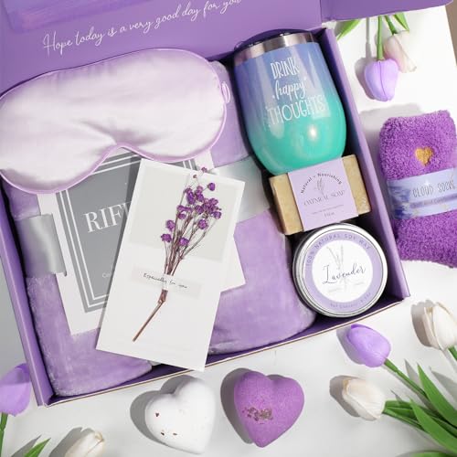 Gifts for Women, Unique Birthday Gifts for Women, Lavender Relaxing Spa Gifts Basket Get Well Soon Care Package with Luxury Flannel Blanket for Mom Her Best Friends Sister