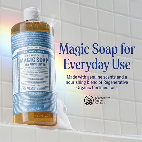 Dr. Bronner's Pure-Castile Magic Liquid Soap Made with Regenerative Organic Oils, Vegan, Concentrated, Body Wash- For Face, Hair, Laundry - 32oz Variety 3-Pack (Peppermint, Baby Unscented, Lavender)