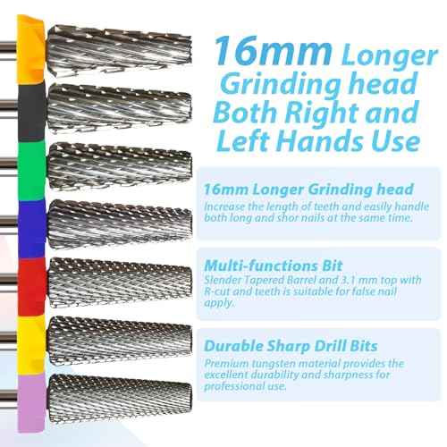 16mm 5 in 1 Tapered Barrel Nail Drill Bits, 3/32'' Safety Tungsten Carbide Bits for Professionals, Right & Left Rotation, Manicure Cuticle Gel Acrylic Removal Polishing, Technicians Bits, Double Fine.