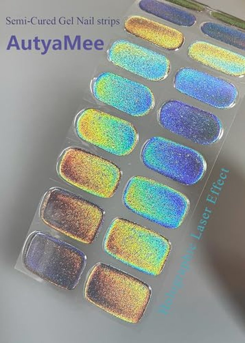 AutyaMee Semi Cured Gel Nail Strips, Laser Rainbow Holographic