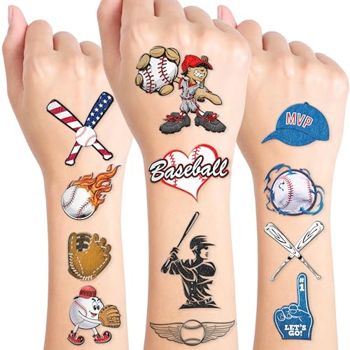 96PCS Baseball Pre-Cut Temporary Tattoos for Kids - Sports Themed Birthday Party Supplies, Fun Stickers for Boys & Girls, Party Favors, School Prizes, Summer Olympic Gifts (Normal)