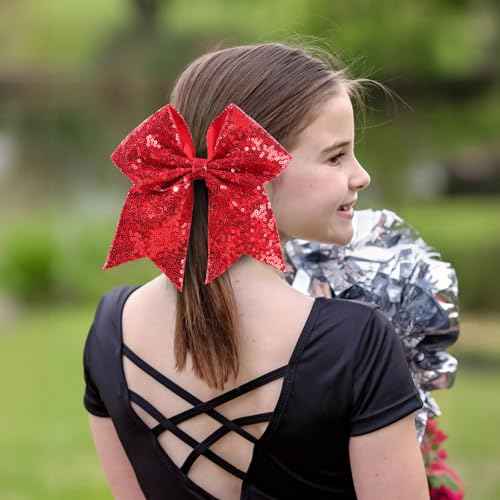 OAOLEER 2PCS Glitter Cheer Hair Bow Clips for Girls, 7 inch Red Sequin Large Hair Bows Hair Accessories for Girls Teen Softball Cheerleader (Red)