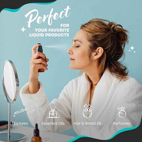 Nevlers Amber Glass Spray Bottles Small 1 Oz 48 PK | Mini Spray Bottle Set w/Amber Bottles, Shrink Wrap, Labels, Marker, Funnel & Brush | Travel Size Mist Bottle For Use as Oil Mister & Hair Mister