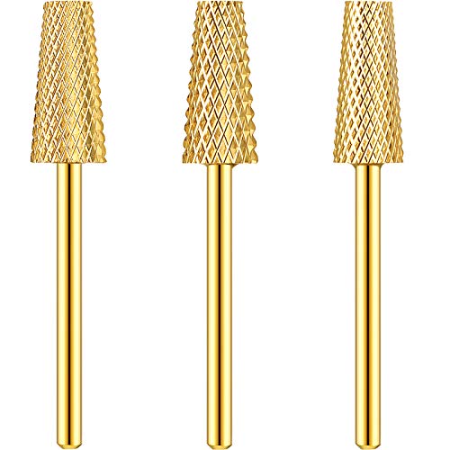 3 Pieces Tapered Barrel Carbide Nail Drill Bit, 3 Sizes Carbide Nail Drill Bit Acrylic Nail File Drill Bit Cuticle Drill Bits, Nail Art Tools for Gel Nails Manicure Pedicure (Gold)