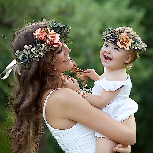 Unicelucky Handmade Flower Crown for Women Maternity PhotoShoot Floral Crown Headband Hair Wreath Flower Garland Headpiece with Ribbon for Wedding Festival Party HEBQH7-K