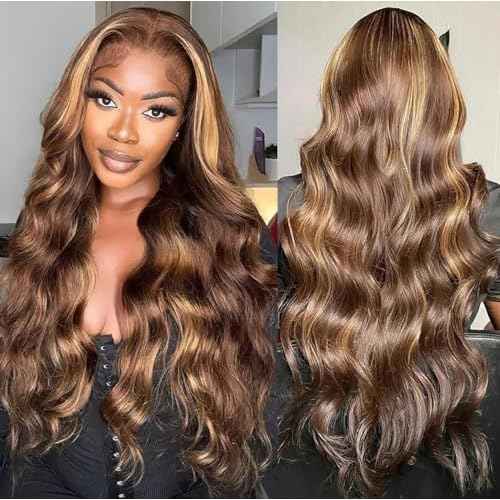 Honey Blonde Ombre Lace Front Wig Human Hair Body Wave Highlights 13X4 HD Lace Front Wigs Pre Plucked 180% Density Glueless 4/27 Highlighted Human Hair Wig 20 Inch