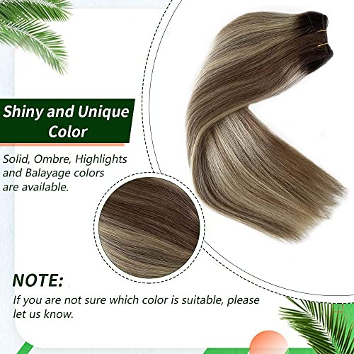 Weft Hair Extensions Human Hair, 16 inch 100g Ash Brown Highlighted Bleach Blonde Sew in Hair Extensions Real Human Hair Hand Tied Weft Hair Extensions Sew In Remy Hair Bundles Weave
