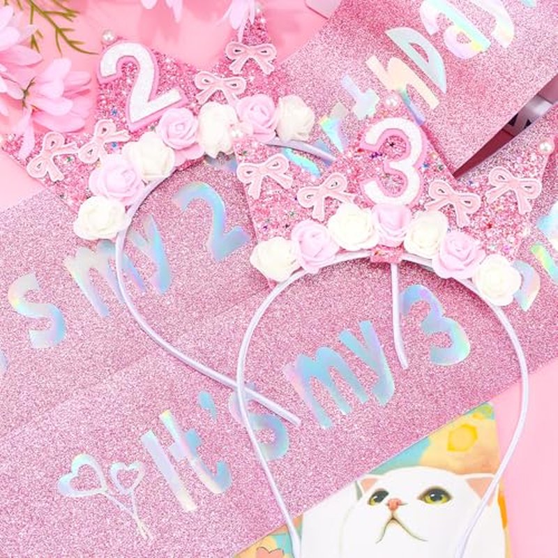 2nd Birthday Sash & Tiara Headband Set for Girls Pink