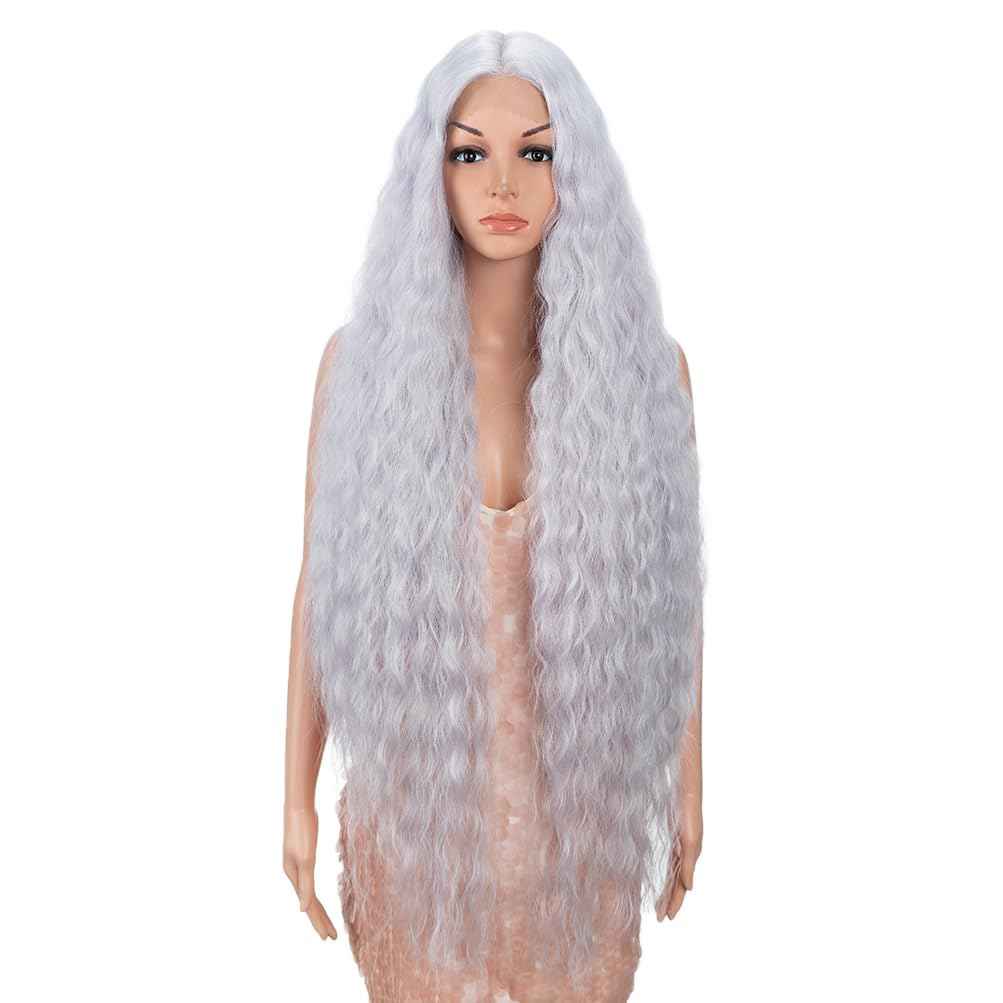 Style Icon 41" Lace Front Wigs Long Wavy Synthetic Wigs with Baby Hair Silver Grey Bohemian Style Half Hand Tied 130% Density Wigs (41", THISTLE)