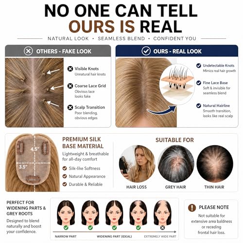 HAIRHOO 12 Inch Ombre Brown Blonde Highlights Hair Topper for Thinning Hair, Real Human Hair, 3.5x4.5 Inch Silk Base, Lightweight Daily Wear