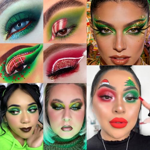 Green Red Eyeshadow Palette, Pigmented Matte Shimmer Christmas Makeup Pallet for Grinch, Shrek Makeup,18 Color Long Lasting Green Gold Glitter Eye Shadow Palette for Mardi Gras,Festival,Carnival,Party