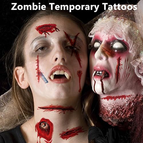 275Pcs 45sheets Fake Scars Tattoos - Temporary for Halloween 3D Wound Blood Cuts Tattoos Temporary Realistic Stitch Zombie Face Stickers Makeup Make Up for Adults Cosplay Masquerade Prank Party