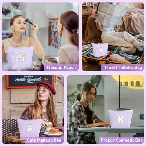Personalized Gifts Initial Makeup Bag, Preppy Stuff Cosmetic Bags for Women Travel Toiletry Bag Cute Make Up Pouch Birthday Wedding Christmas Gift for Teen girls Friends (Purple, A)