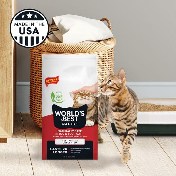 World's Best Cat Litter Multiple Cat Unscented, 32-Pounds - Natural Ingredients, Quick Clumping, Flushable, 99% Dust Free & Made in USA - Long-Lasting Odor Control & Easy Scooping