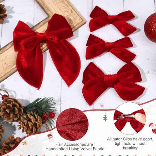 DEEKA 4 PCS Red Velvet Hair Bows 3 Styles 5" & 4" Handmade Hair Bow set for Toddler Girls Alligator Hair Clips Knot Bows Hair Accessories for Little School Girls (Red)