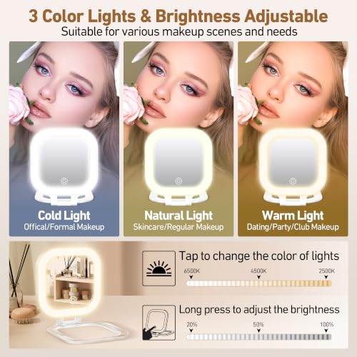 Travel Makeup Mirror with Light, 1x/30x Magnifying, 3 Color LED
