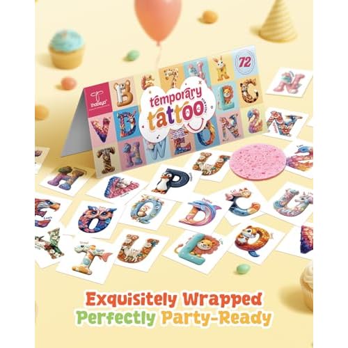72 PCS Individually Wrapped Temporary Tattoos - ABC Animal & Wildlife Designs, Pre-Cut for Birthday Party Favors & Creative Expression