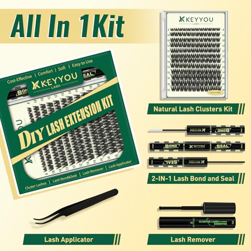 KEYYOULASH Lash Clusters Kit Volume 144pcs 8-18MIX Lash Extension Kit Thick Lash Clusters D curl with Bond and Seal,Remover,Applicators for DIY Thin Band Eyelash Clusters at Home (KY04 Kit)