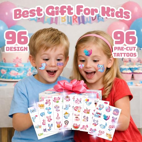 96 PCS Pink Axolotl Temporary Tattoos for Kids