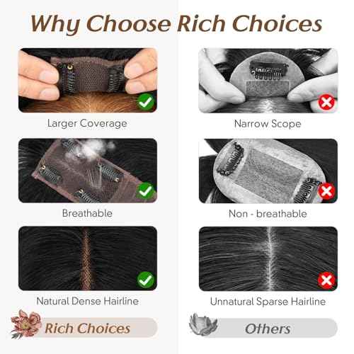 Rich Choices Hair Toppers for Women Real Human Hair 360¡Æ3D Clip in Bangs 100% Remy Human Toppers with Bang for Thinning 150% Density Upgrade Extended 2"*6"Lace Base 08 Inch #01 Jet Black