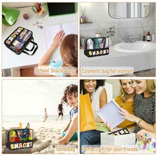 Chenille Letter Snacks Bag Zipper Pouch TPU&Nylon Clear Cosmetic Bag with Handle Toiletry Bags Travel Makeup Bag Multi-purpose Clear Pouches For Women (SNACKS, Black)