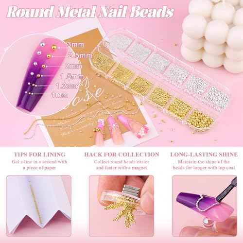 1-3MM Mini Small Nail Beads Metal Caviar Bead Silver Gold Nail Charms and Gems Ball, Nail Chain for Nail Art Accessories Supplies Gold Rhinestones for Women Manicure