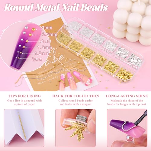 BELLEBOOST Gold & Silver Caviar Nail Beads Set with Chains - 3D Art Charms