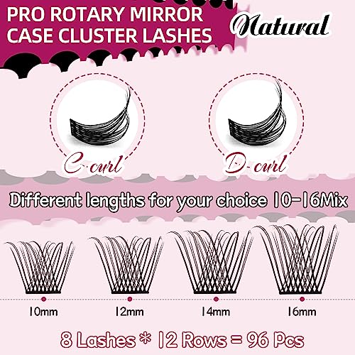 PRO Lash Clusters, 96Pcs Cluster Lashes Rotary Mirror Case Individual Lashes DIY Lash Extension Eyelash Clusters 10-16 Mix Fluffy Wispy Lashes Thin Band Not Fall Apart(Natural, D-10-16mix)