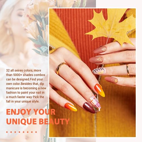 AZUREBEAUTY 42Pcs Dip Powder Nail Kit Starter, 32 Colors Green Nude Brown Blue Dipping Powder Set with Top/Base Coat & Recycling Tray for French Art Manicure Salon