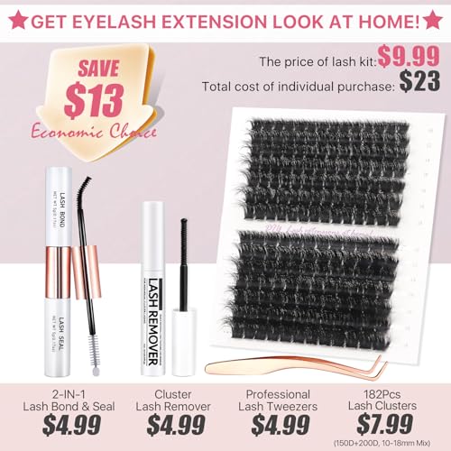 Fluffy Lash Extension Kit 182Pcs Cluster Lashes 10-18mm