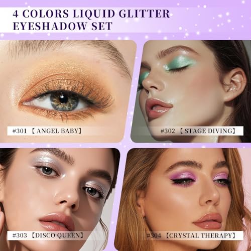 Glitter Liquid Eyeshadow Set, Metallic Shimmer Eye Makeup Eyeshadow with Smooth Gel Formula, Quick Drying & Pigmented, Long Lasting Flawless-Looking (Pack of 4)
