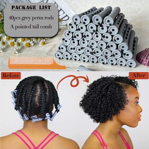 YOROSTAR Gray 40pcs Perm Rods Set for Short Natural Hair with Comb - No Heat Curling