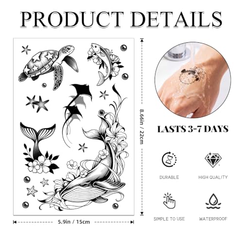 Ocean Temporary Tattoos for Women - 9 Sheets Waterproof