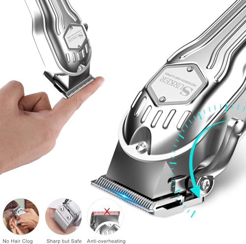 SURKER Silver Cordless Hair Clippers for Men, Rechargeable Professional Trimmer with LED Display
