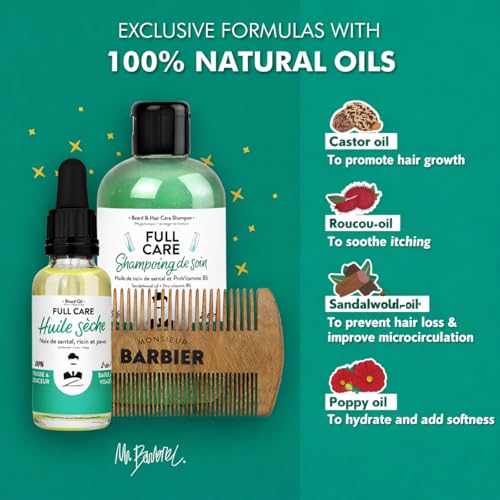 Shampoo & Beard Oil Hair Care Gift Set for Men | Nourishing 2-in-1 Shampoo Sandalwood & Beard Oil With Beard Hair Comb Grooming Gift Basket for Him Husband Dad Made in France