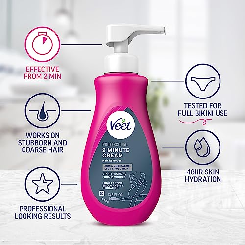 Veet Professional 2 Minute Cream for All Skin Types with Shea Butter, Full Bikini & Pubic Hair Removal, Dermatologically Tested, 13.5 FL OZ Bottle w/Spatula
